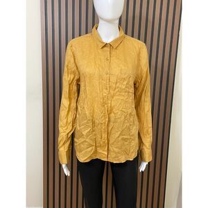 Garnet Hill Women's 12 Yellow Button-Up 100% Linen Shirt Casual Chic Boho Blouse
